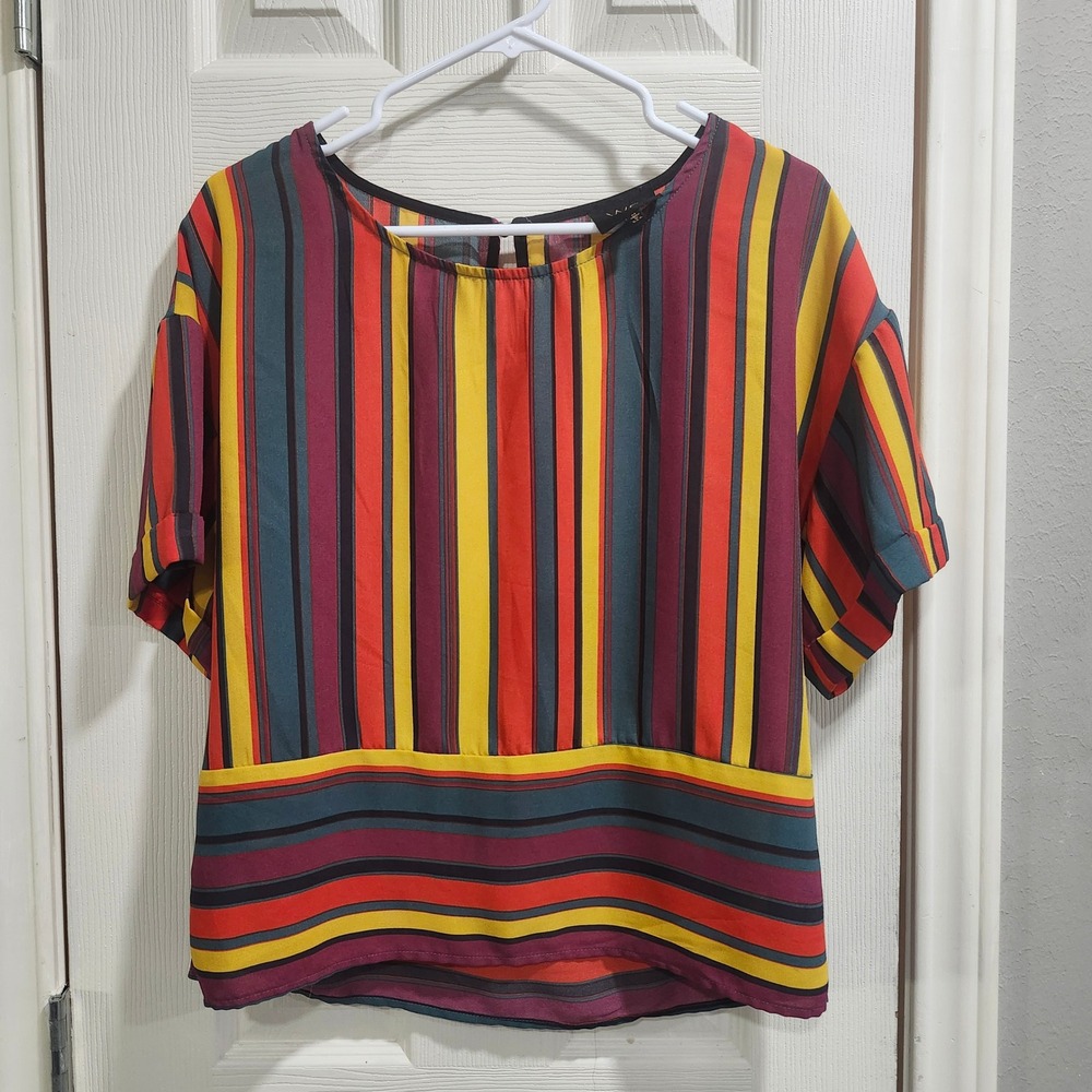 W5 Womens Medium Multi Color Striped Short Sleeve Keyhole Back Blouse Top USA
